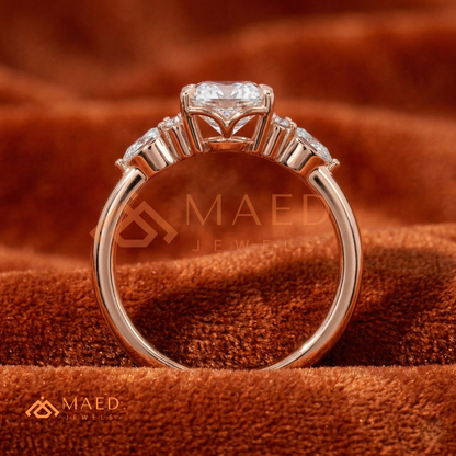 Oval Cut Engagement Ring with Pear and Round Cluster Band in Silver, 14K Gold, & 14K Rose Gold