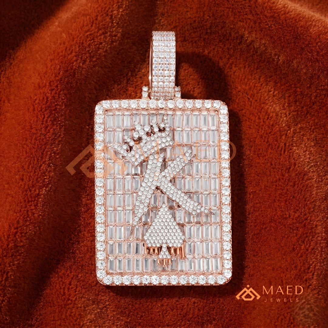 Iced Out King of Spades Dog Tag Pendant – 14K Gold, Rose Gold & Silver Baguette Custom "K" Charm