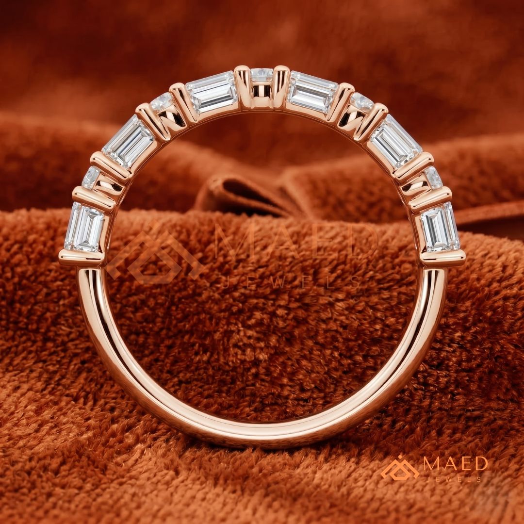 Alternating Baguette & Round Cut Diamond Wedding Band | Shared Prong Multi-Stone Anniversary Ring in Silver, 14K Gold, & Rose Gold