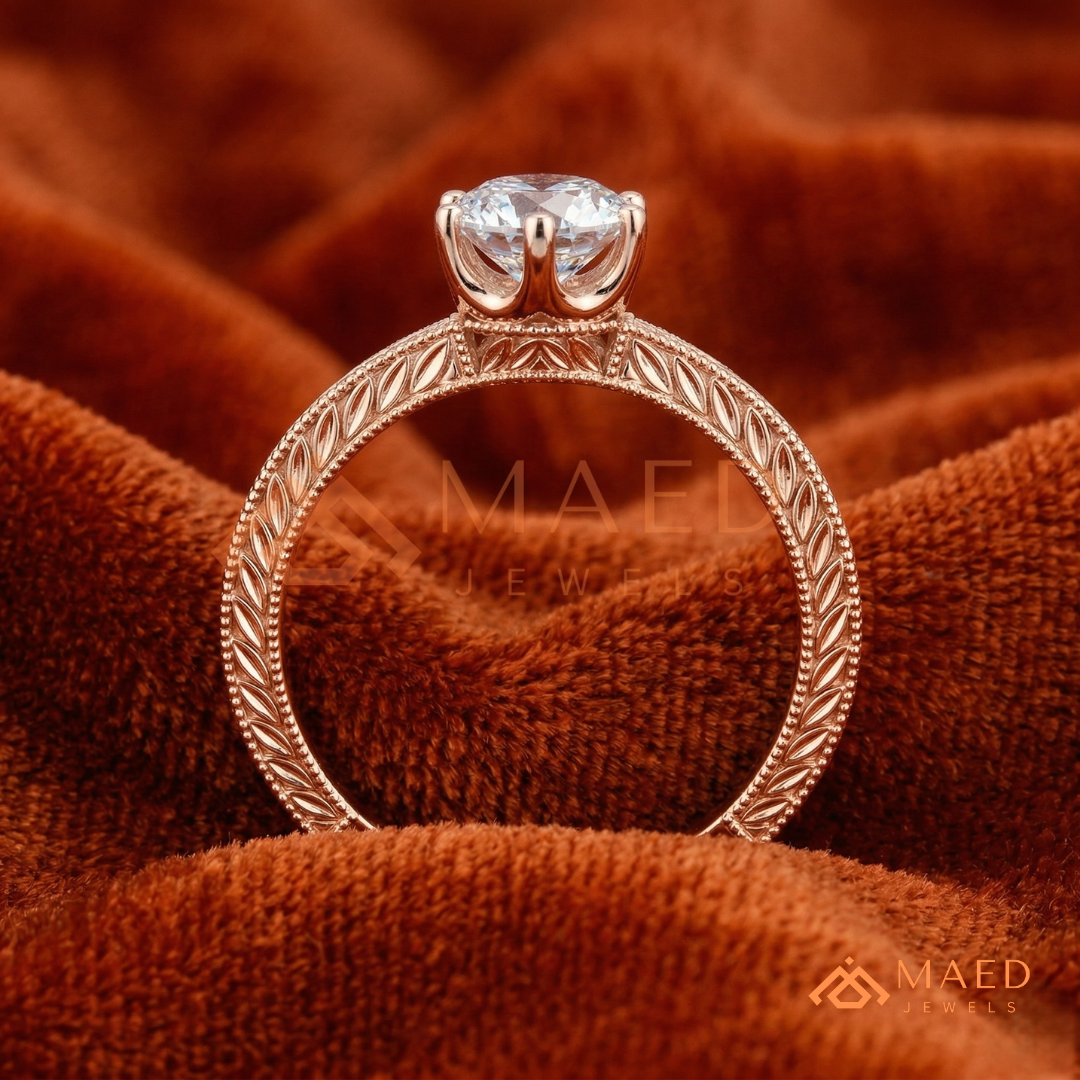 Heirloom Wheat Pattern Round Cut Ring in 14K Yellow Gold, Rose Gold & Sterling Silver