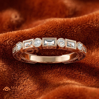Vintage Alternating Baguette and Round Cut Diamond Wedding Band in Sterling Silver & 14K Gold
