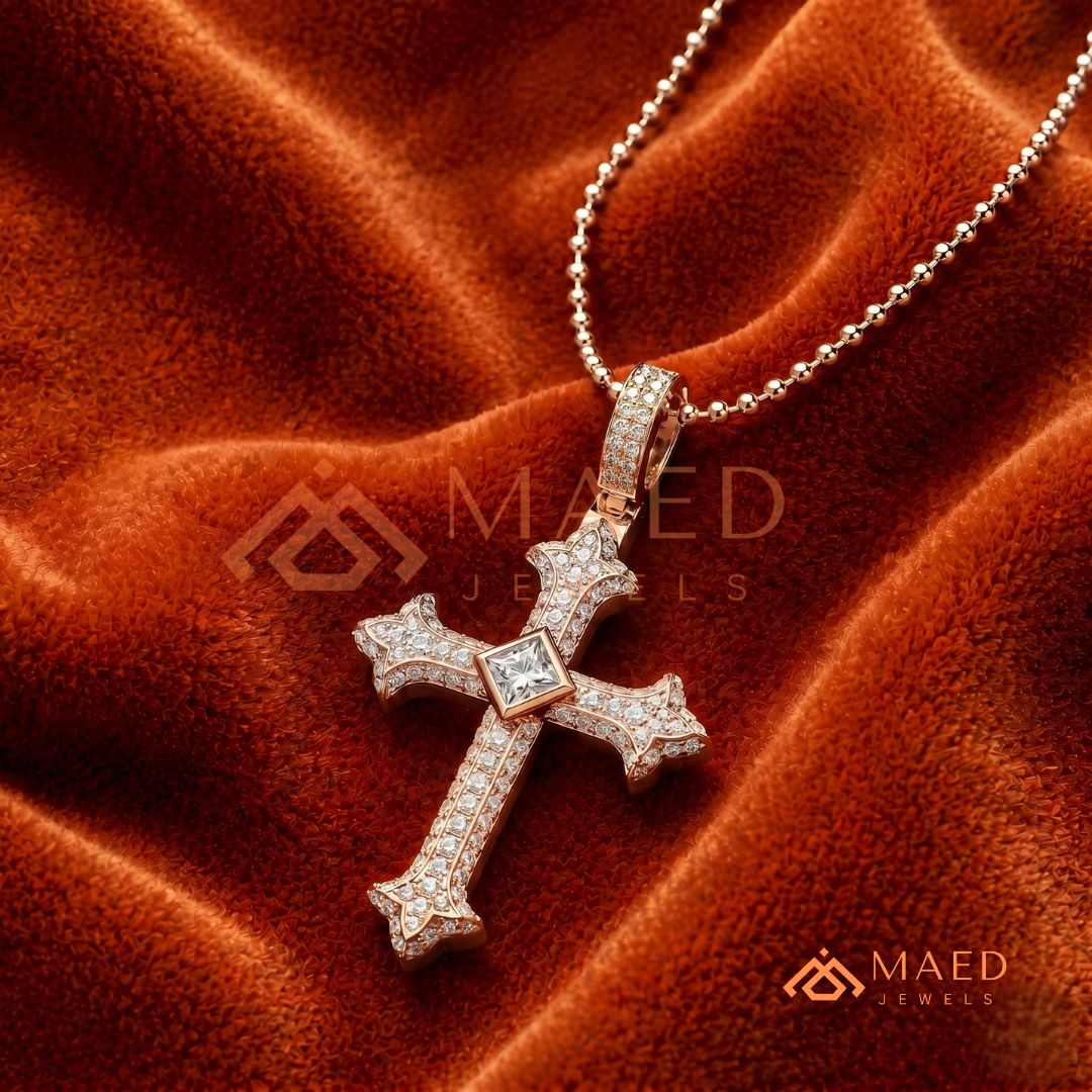 The Monarch Princess-Cut Cross | Royal Fleur-De-Lis Pave Crucifix Pendant