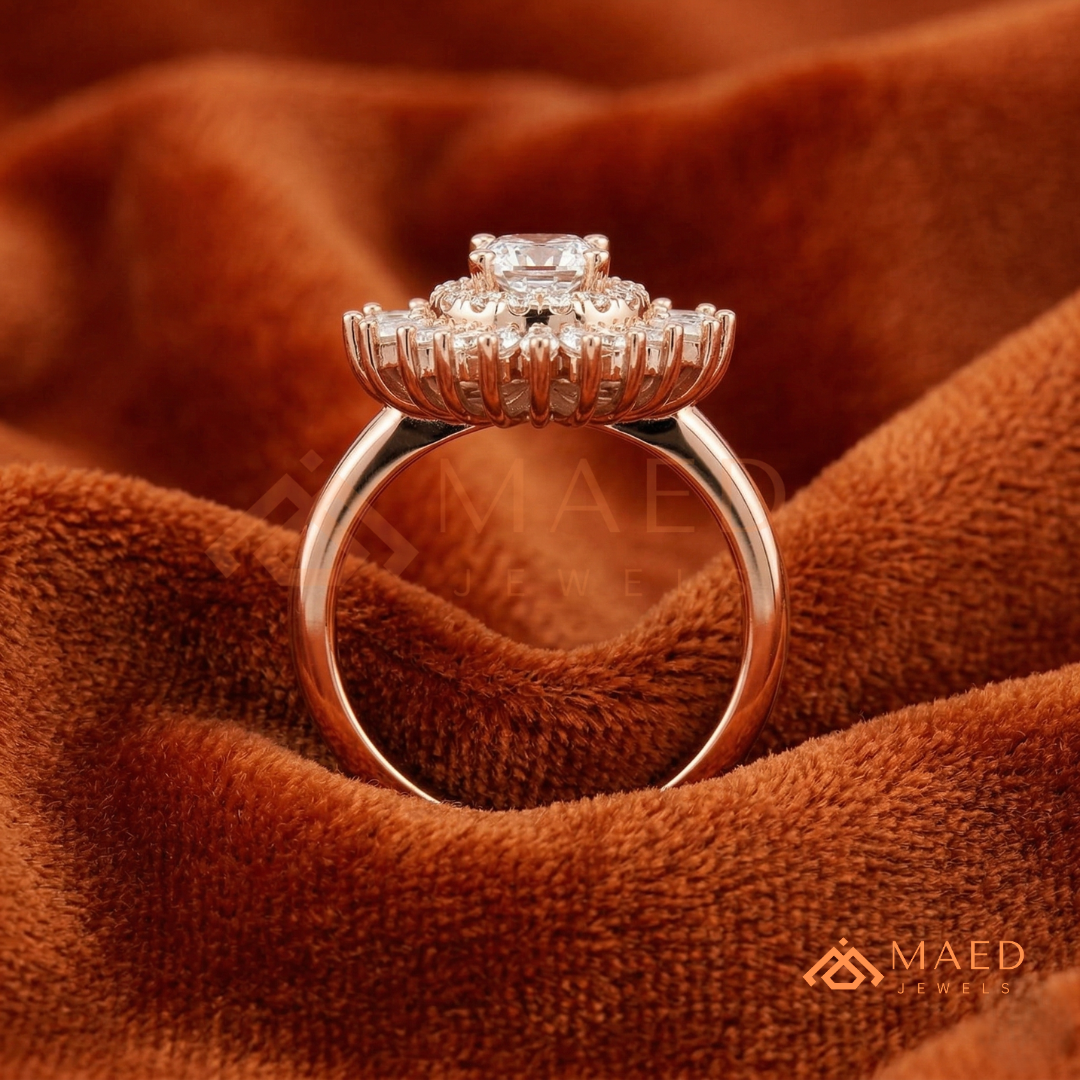 Vintage Art Deco Starburst Halo Ring in Sterling Silver, 14k Gold, or 14k Rose Gold