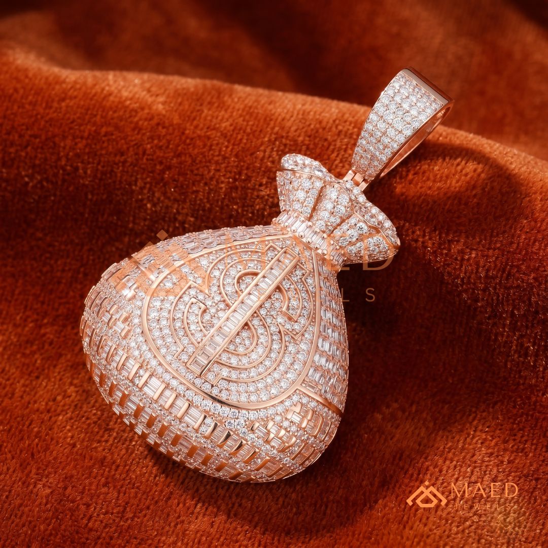 Fully Iced Out Money Bag Pendant – Baguette & Micro Pave Hip Hop Necklace