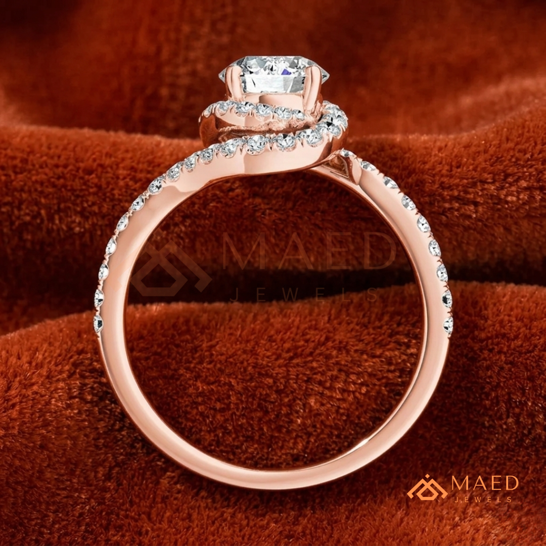 Moissanite Bypass Halo Engagement Ring in 14K Gold, Rose Gold & Sterling Silver | Twisted Pave Diamond Accent Ring for Women