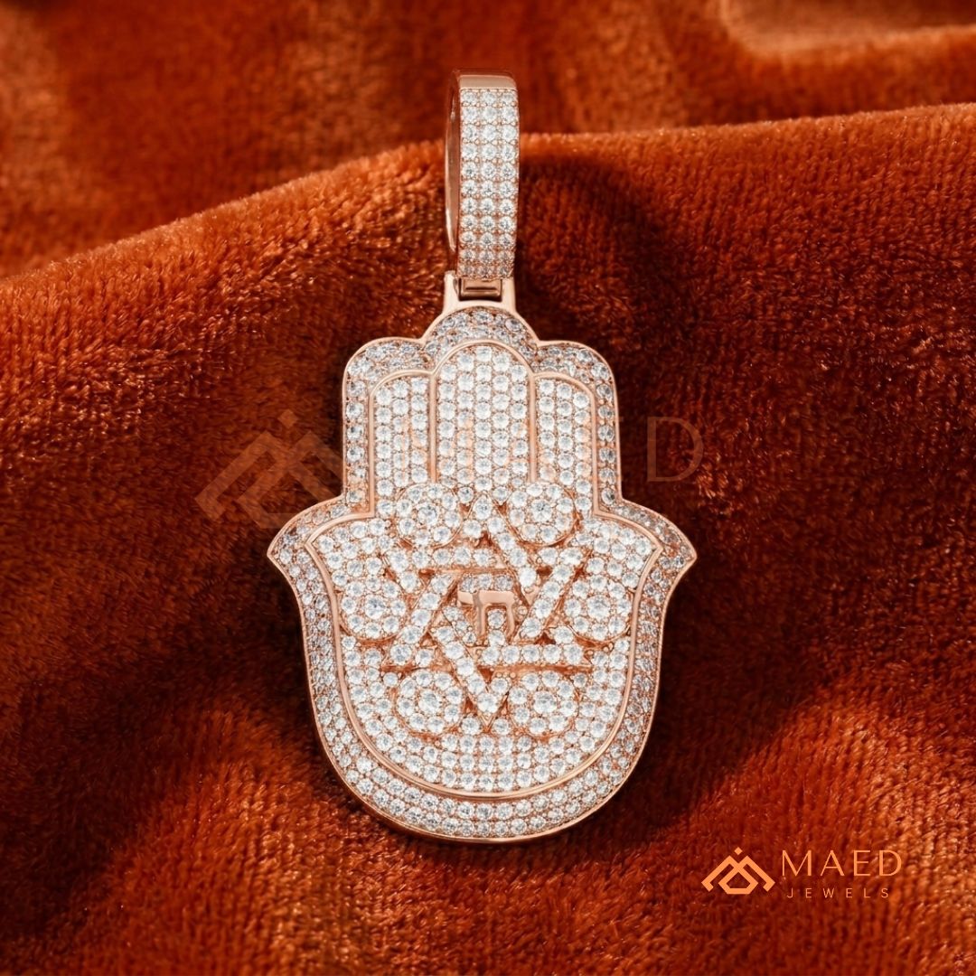 Iced Out Hamsa & Star of David Pendant with Chai Symbol - Sterling Silver, 14K Gold & Rose Gold