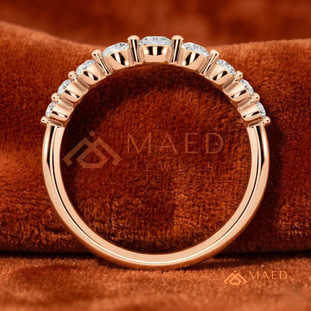 Graduated Round Cut Diamond Wedding Band | Floating Bubble Prongs Anniversary Ring in Silver, 14K Gold, & Rose Gold
