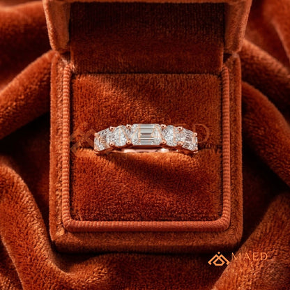 5-Stone Mixed Cut Diamond Wedding Band | Emerald & Round Moissanite Anniversary Ring in Silver, 14K Gold, & Rose Gold
