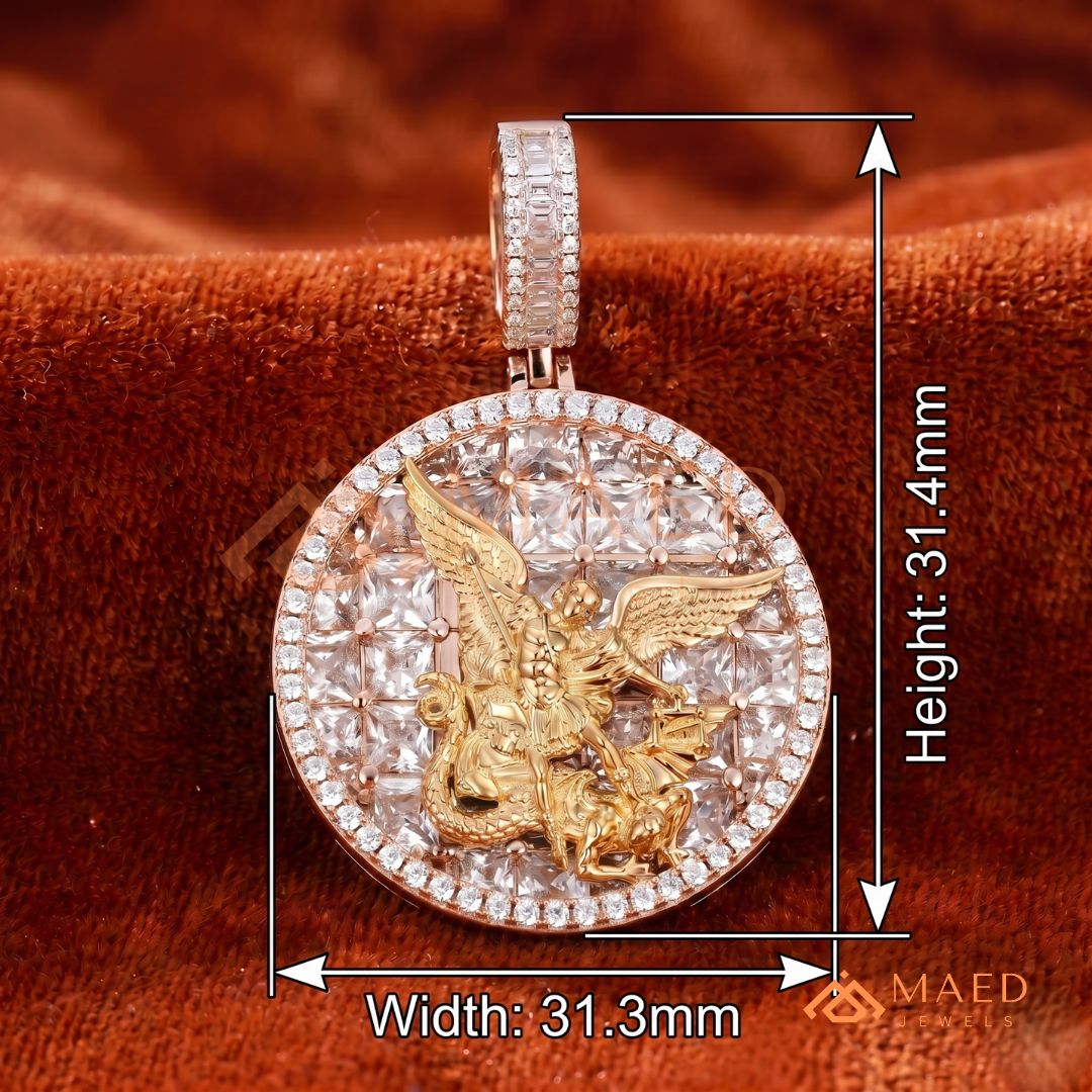 Saint Michael Medallion Pendant – Trillion Cut & Baguette Hip Hop Necklace
