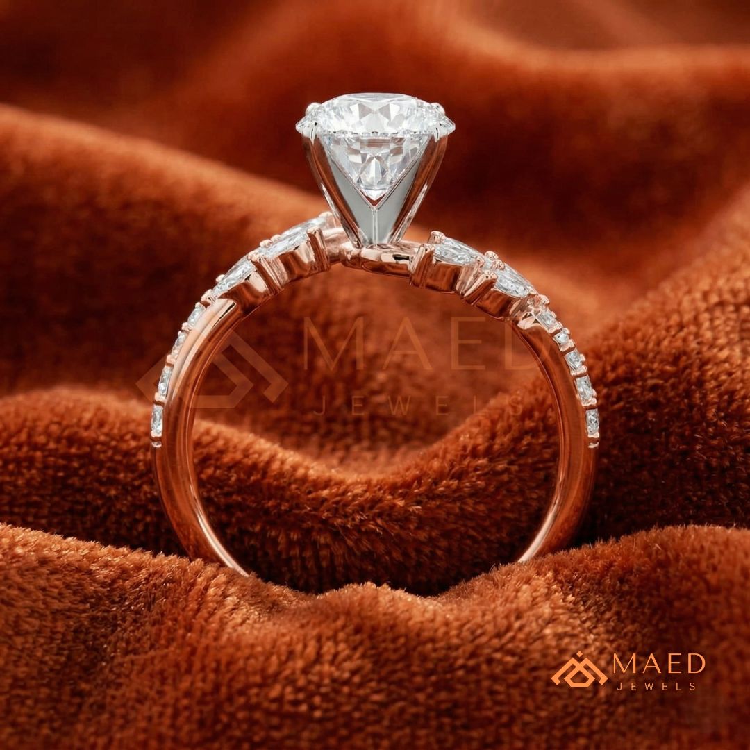 Round Cut Moissanite Nature Inspired Engagement Ring in 925 Sterling Silver, 14K Gold & 14K Rose Gold | Marquise Leaf Cluster Twisting Wedding Ring