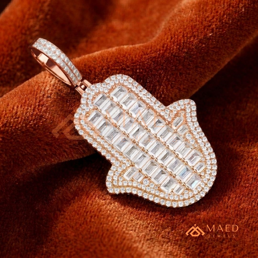 Iced Out Emerald Cut Hamsa Pendant | Sterling Silver, 14K Gold & Rose Gold
