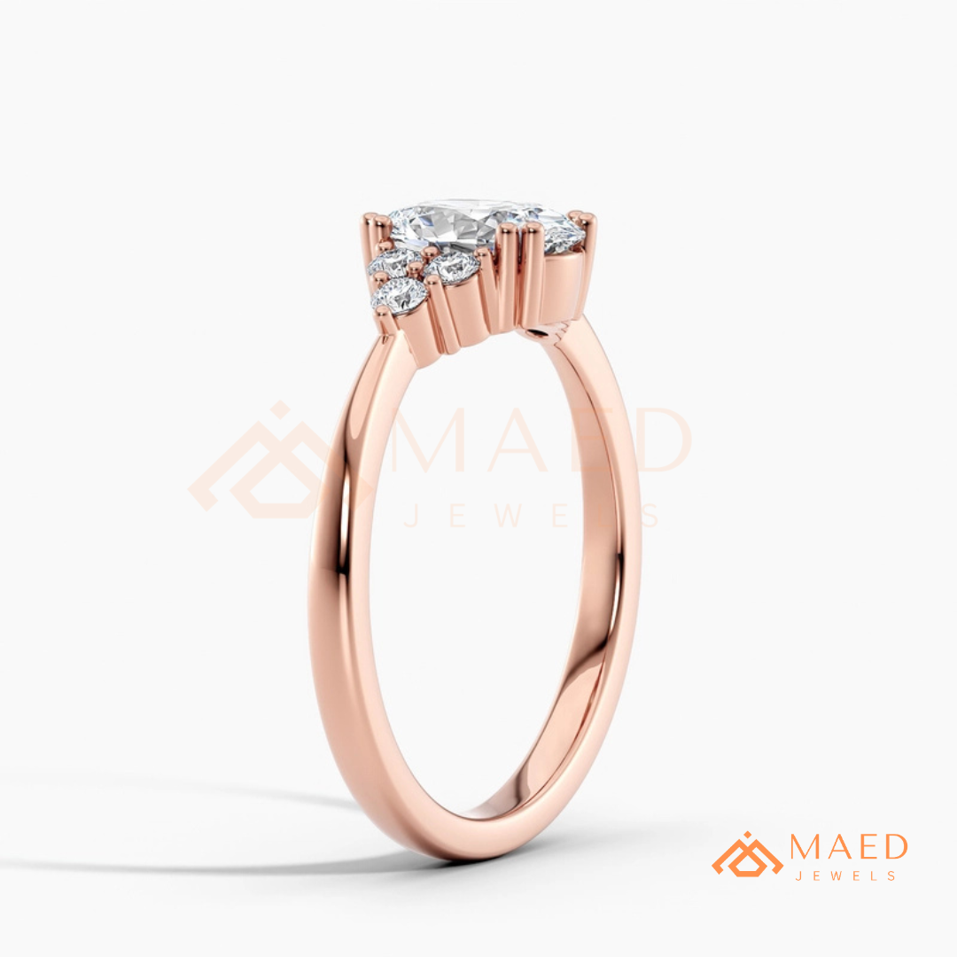Oval Cut Engagement Ring with Round Cluster Side Stones | 14k Gold, Rose Gold & Silver