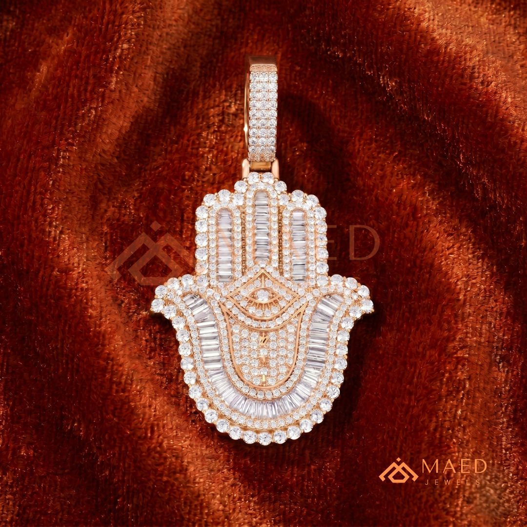 Iced-Out Hamsa Hand Pendant with Star of David & Menorah – Premium Micro-Pave Finish
