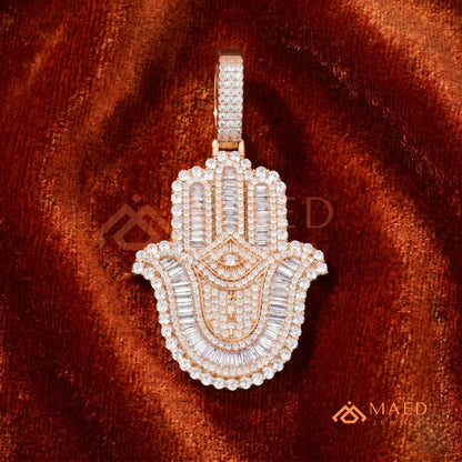 Iced-Out Hamsa Hand Pendant with Star of David & Menorah – Premium Micro-Pave Finish