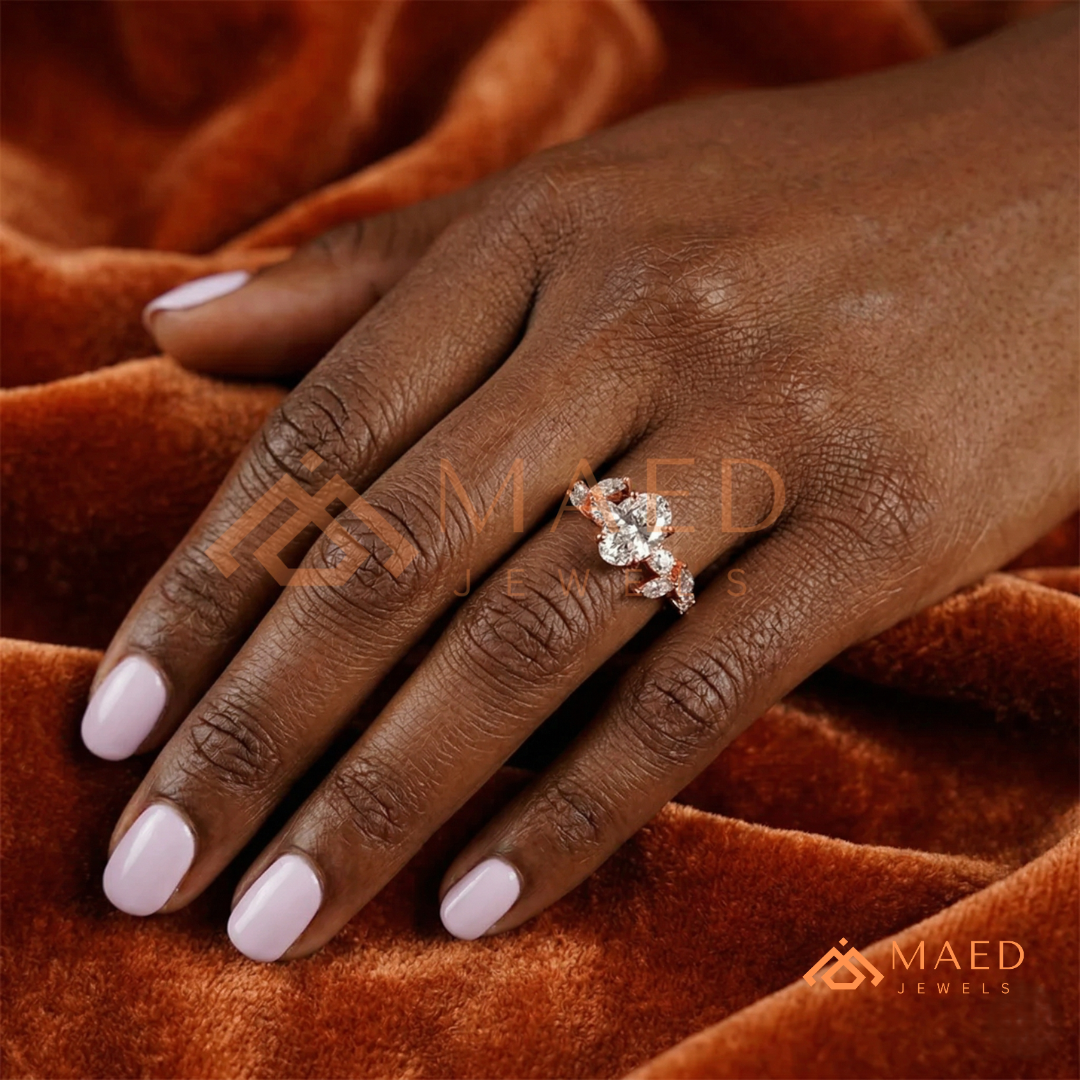 Asymmetric Oval Cut Cluster Engagement Ring | Marquise Leaf Vine Band