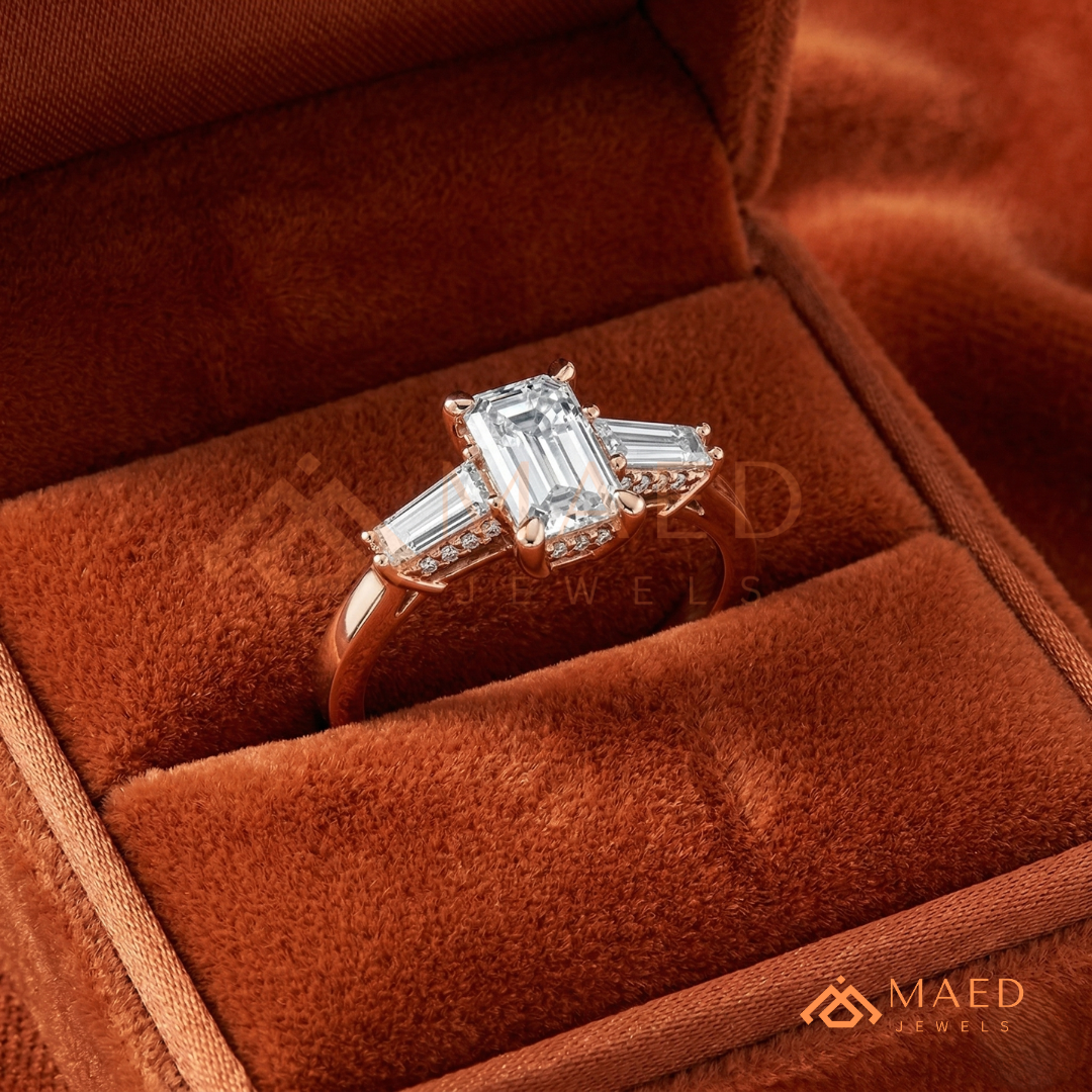 Emerald Cut Three-Stone Engagement Ring with Tapered Baguettes in Silver, 14K Gold, & 14K Rose Gold