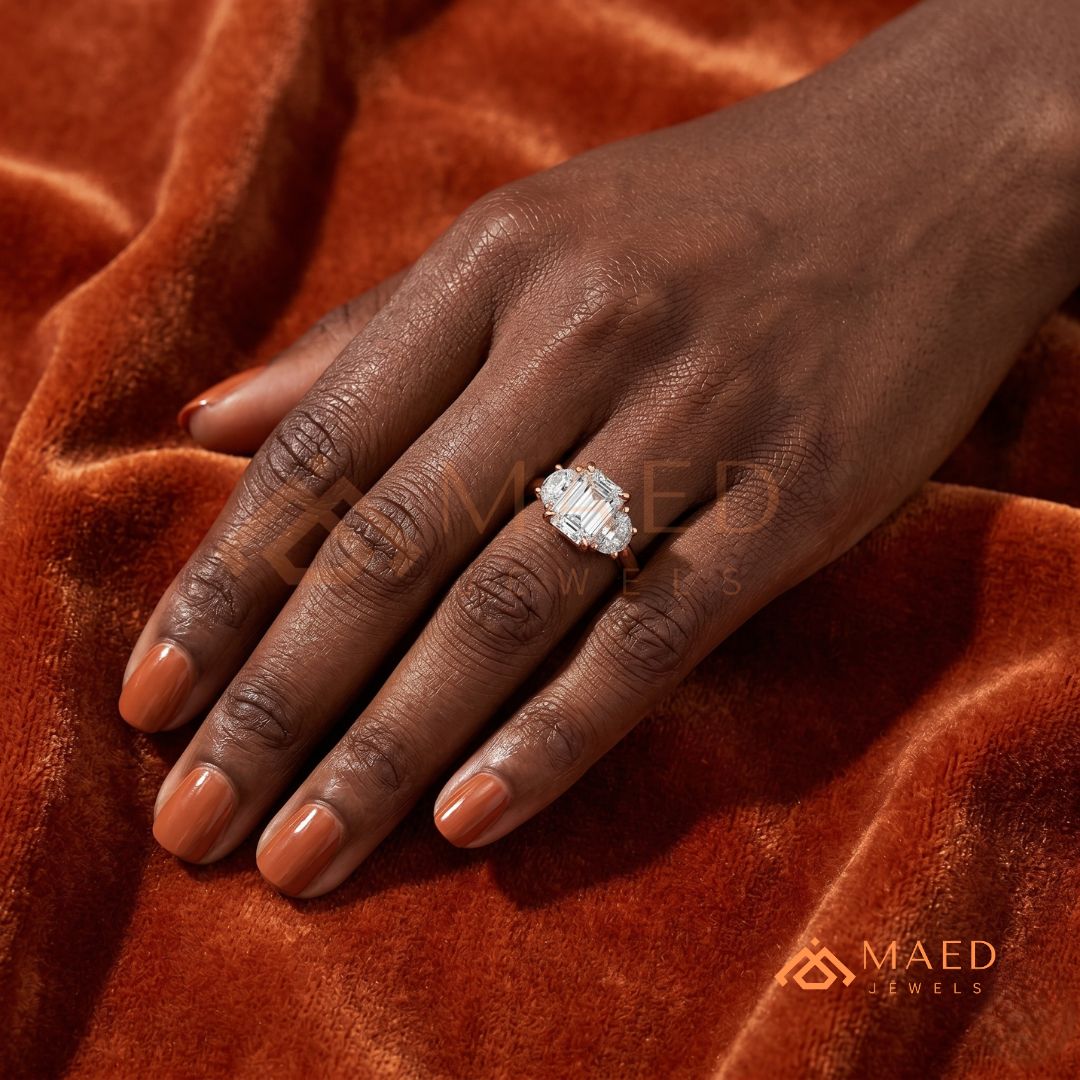 Emerald Cut Three Stone Engagement Ring | Half Moon Side Stones in 14K Gold & Silver