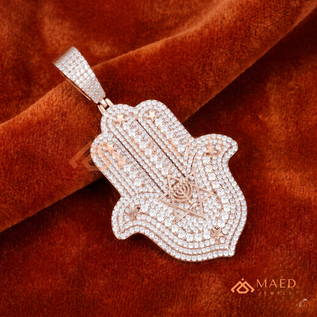 Iced Out Hamsa Hand Pendant Necklace | Sterling Silver, 14K Gold & Rose Gold