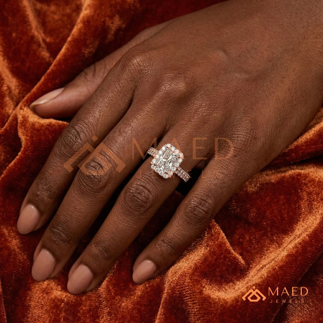 Radiant Cut Halo Engagement Ring with Pavé Band – Sterling Silver, 14K Gold, or 14K Rose Gold