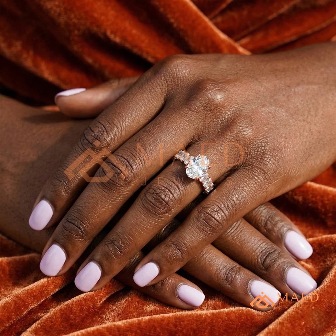 Elongated Oval Cut Engagement Ring with Oval Accent Band | 14k Gold, Rose Gold & Silver