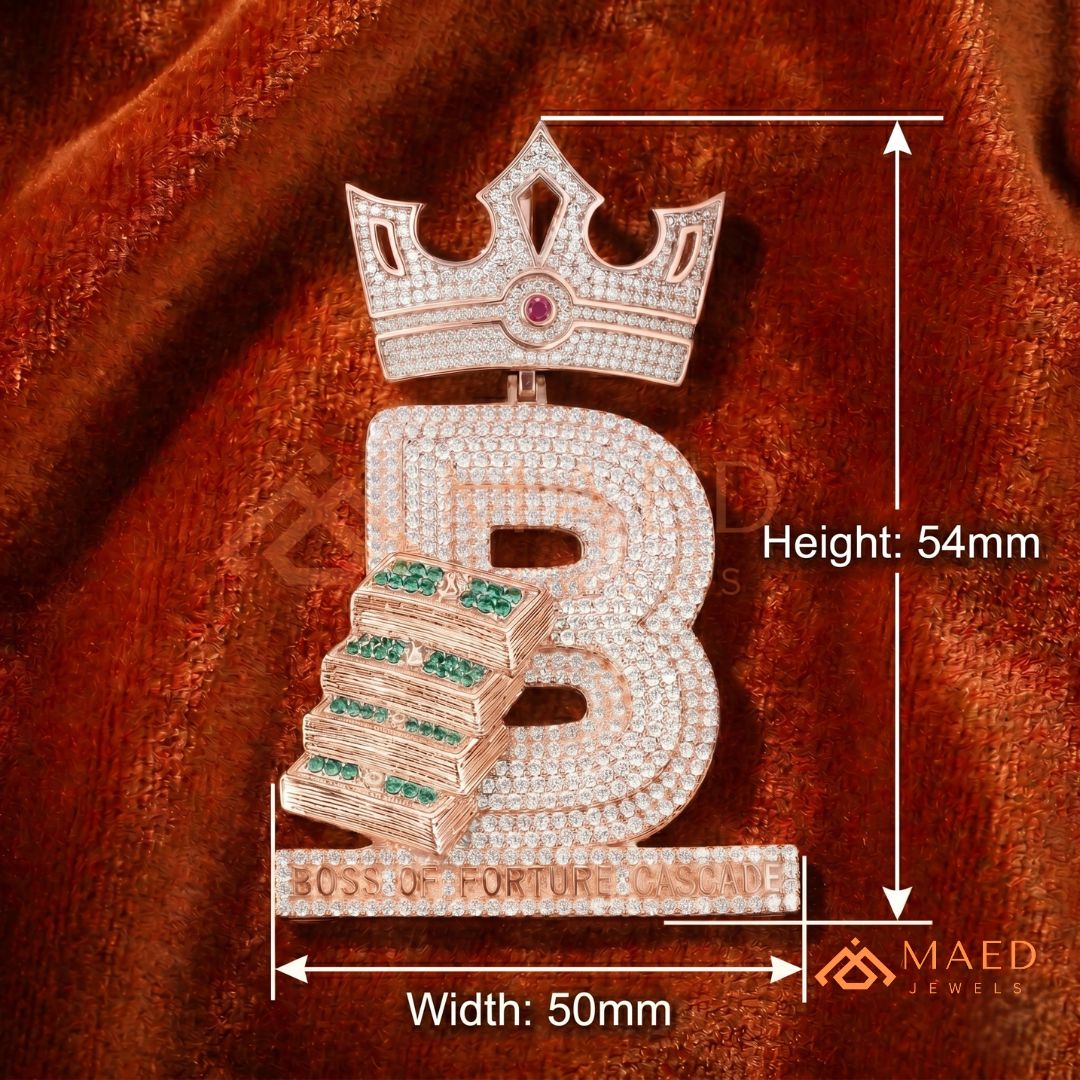 Custom Crown Initial "B" Money Stack Pendant in Sterling Silver & 14K Gold