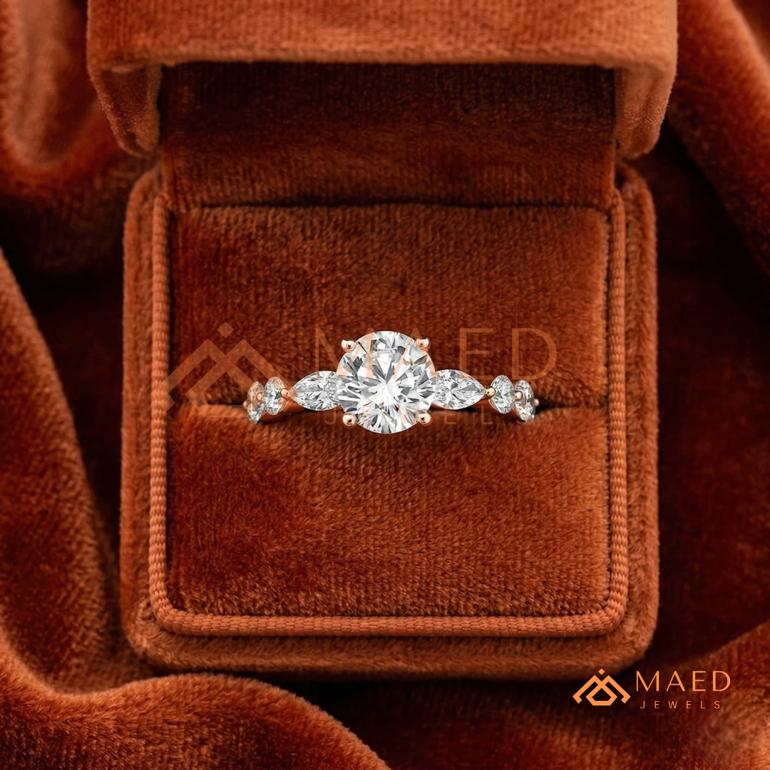 Round Cut Engagement Ring with Marquise Accents in Sterling Silver, 14K Gold & 14K Rose Gold
