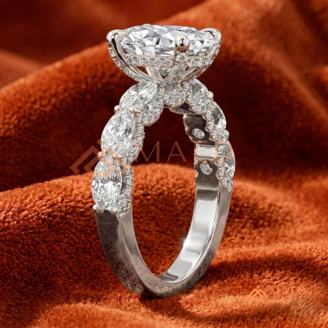 Oval Cut Engagement Ring with Large Round Accent Band | 14K Gold & Silver Shared Prong
