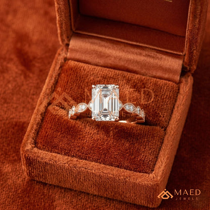 merald Cut Diamond Simulant Vintage Milgrain Ring (14k Gold & Sterling Silver)