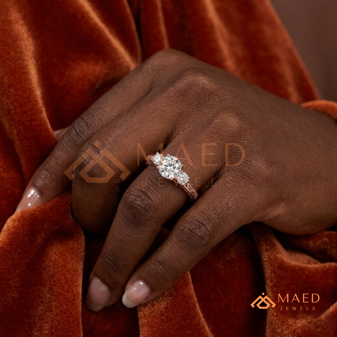 Past Present Future Round Cut Ring in 14K Yellow Gold, Rose Gold & Sterling Silver