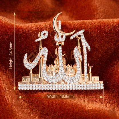Islamic Allah Calligraphy Mosque Pendant Necklace in Sterling Silver & 14K Gold