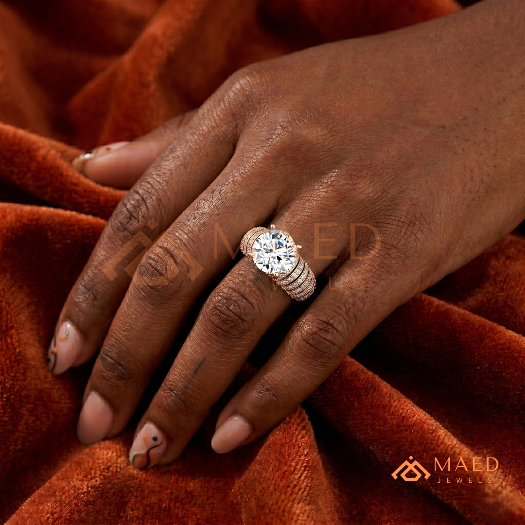 Round Cut Multi-Row Pave Engagement Ring in 14K Gold, Rose Gold & Sterling Silver | Wide Band Statement Cocktail Ring