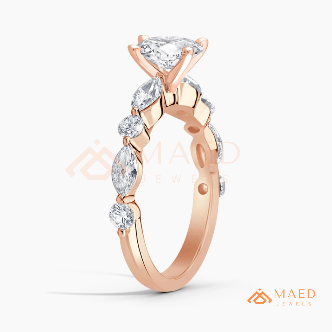 Round Cut Engagement Ring with Marquise Accents in Sterling Silver, 14K Gold & 14K Rose Gold