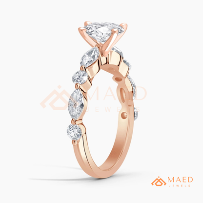 Round Cut Engagement Ring with Marquise Accents in Sterling Silver, 14K Gold & 14K Rose Gold