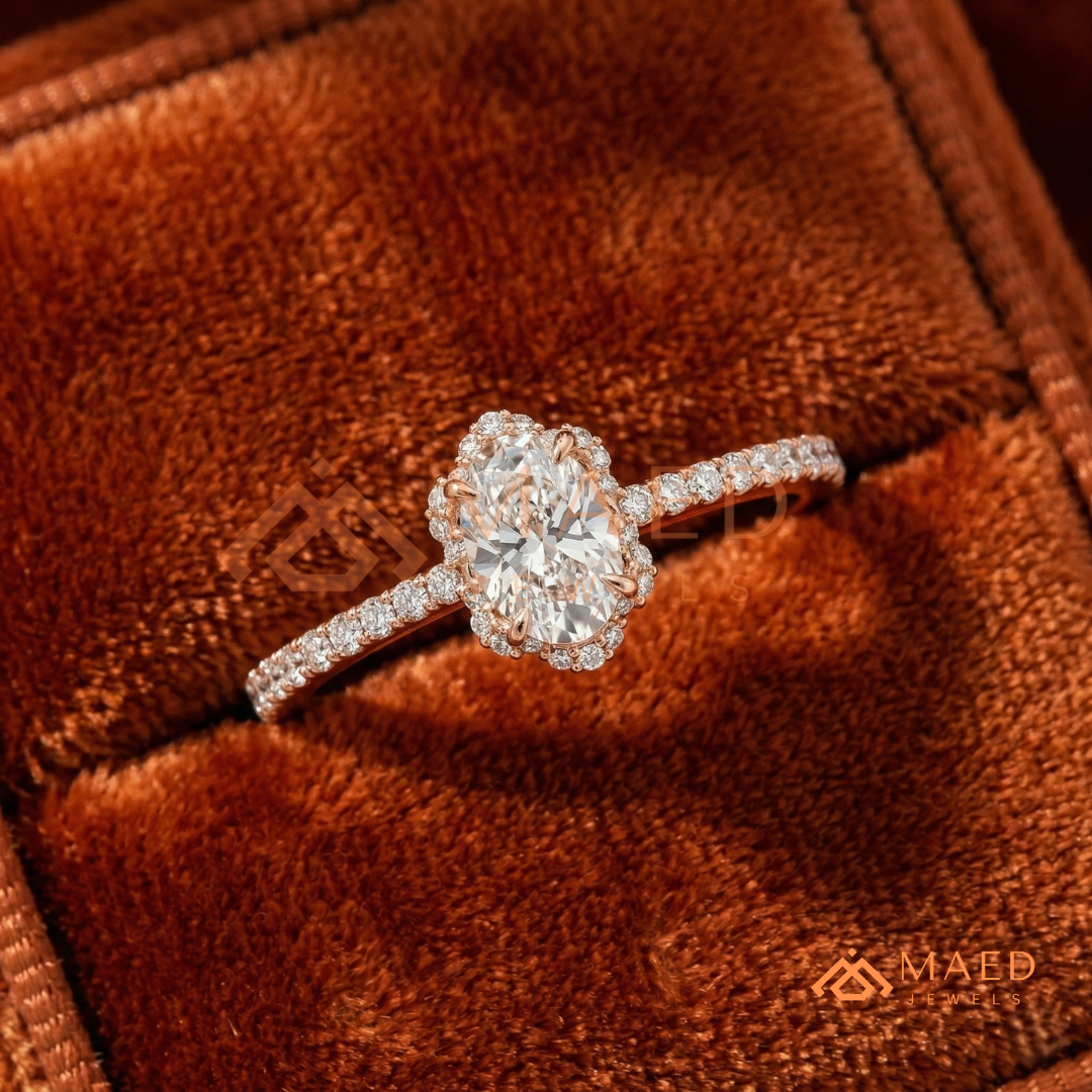 Vintage Oval Cut Halo Engagement Ring in 14K Gold, Rose Gold & Silver