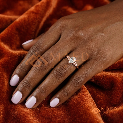 Pear Cut Bezel Set Engagement Ring with Cluster Accent Diamonds in 14K Gold, Rose Gold & Silver