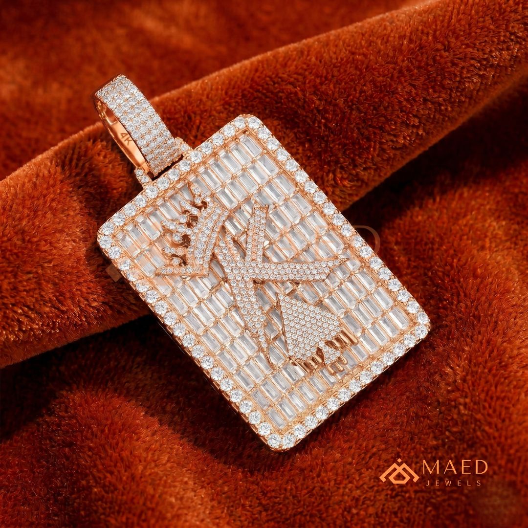 Custom King Spade Tag Pendant with Baguette & Round Cut Diamonds