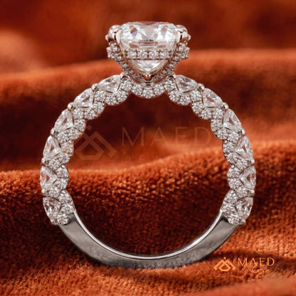 Round Brilliant Cut Engagement Ring with Shared Prong Band | 14k Gold, Rose Gold & Silver