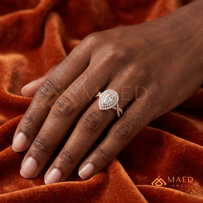 Double Halo Pear Cut Engagement Ring with Twisted Pave Band