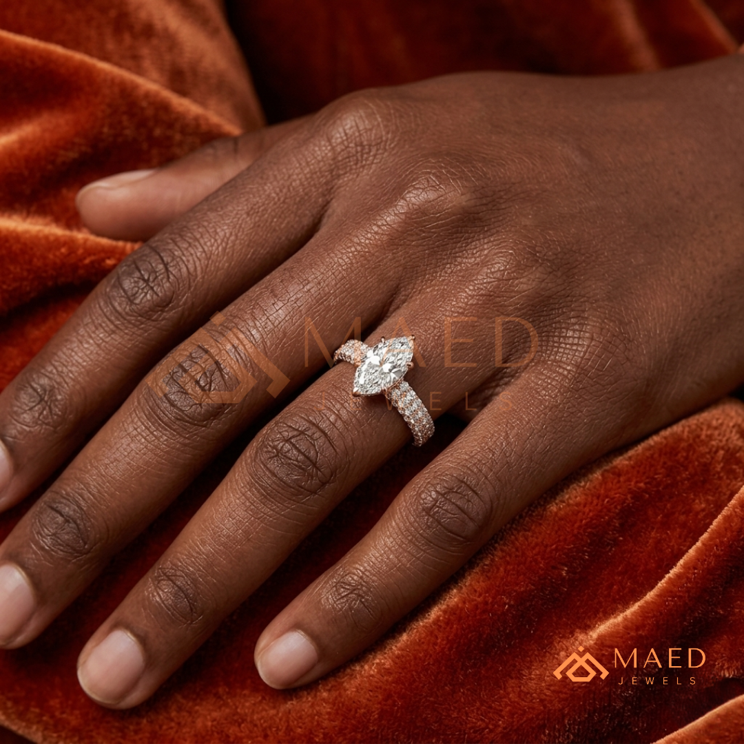 Marquise Cut Solitaire Pave Engagement Ring - Sterling Silver, 14K Gold, or 14K Rose Gold