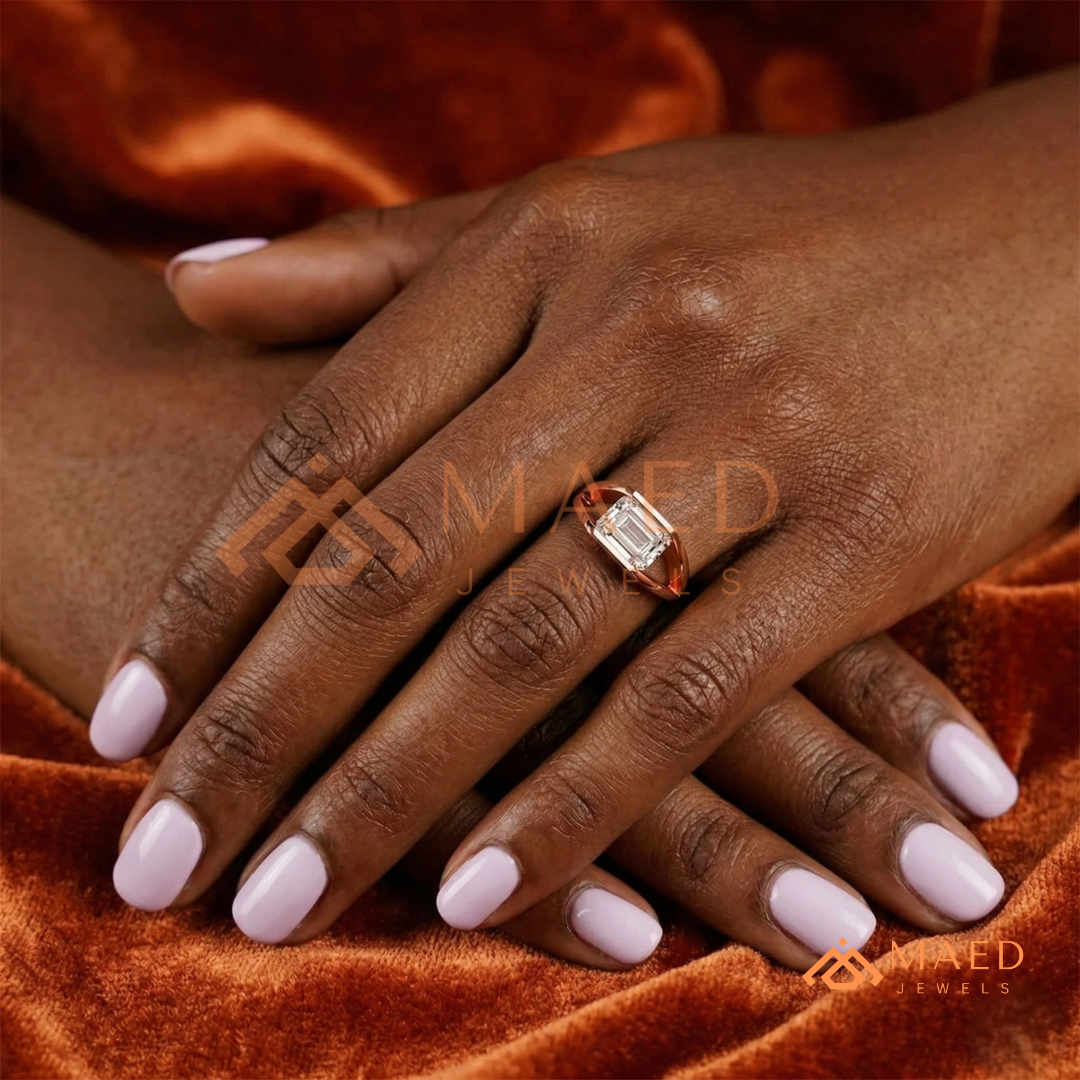 East West Emerald Cut Engagement Ring | Modern Architectural Bezel Ring | 14K Gold, Rose Gold & Sterling Silver