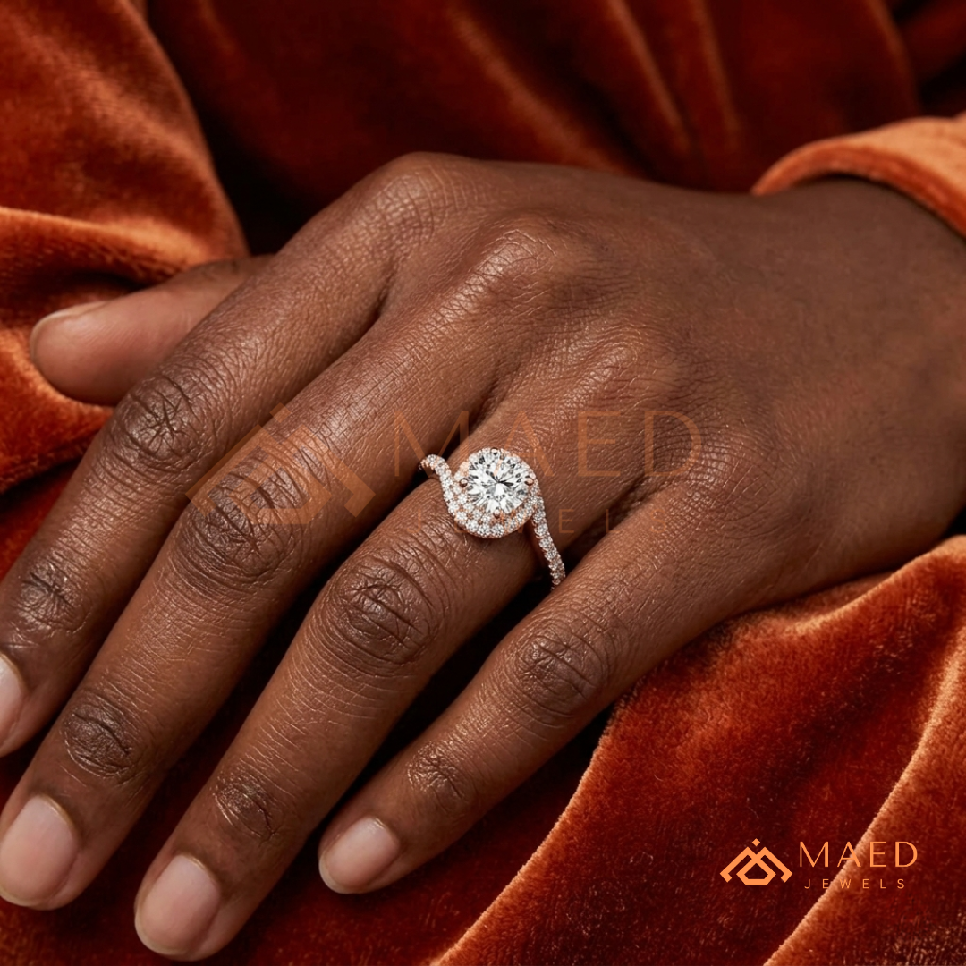 Moissanite Bypass Halo Engagement Ring in 14K Gold, Rose Gold & Sterling Silver | Twisted Pave Diamond Accent Ring for Women