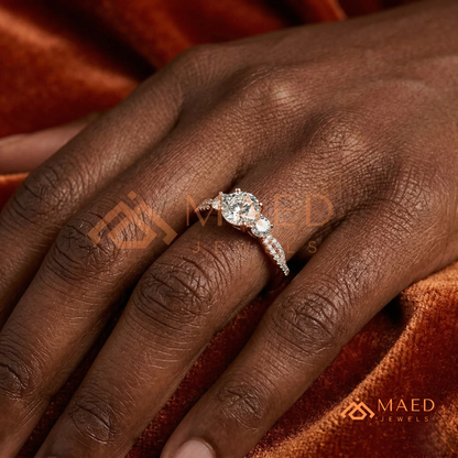 Round Cut 3-Stone Engagement Ring with Twisted Pavé Band in Silver, 14K Gold, & 14K Rose Gold