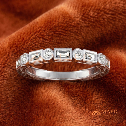 Vintage Alternating Baguette and Round Cut Diamond Wedding Band in Sterling Silver & 14K Gold