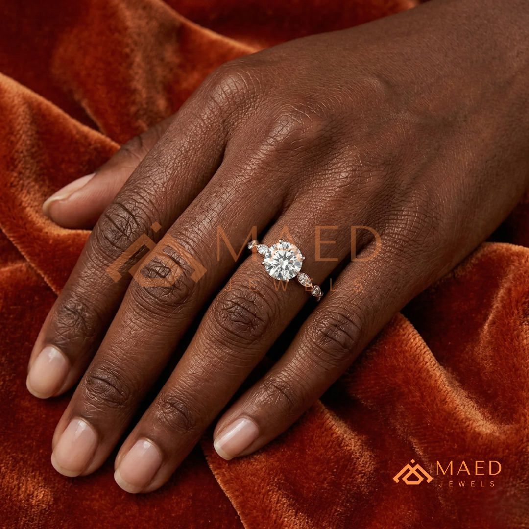 Round Cut Engagement Ring with Marquise Accent Cluster Band in 14K Gold, Rose Gold & Silver