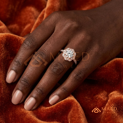 Round Cut Flower Halo Engagement Ring with Pave Band