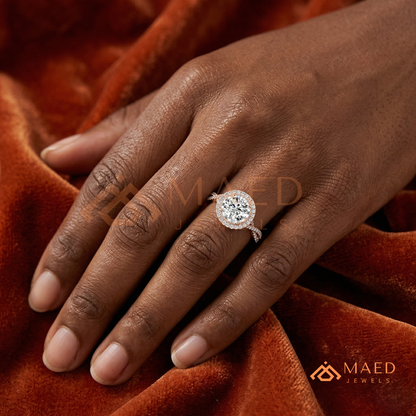 Round Halo Engagement Ring with Twisted Pavé Band – Sterling Silver, 14K Gold, or 14K Rose Gold