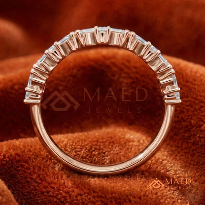 Angled Baguette & Round Cut Chevron Wedding Band | Crown Moissanite Tiara Ring in Silver, 14K Gold, & Rose Gold