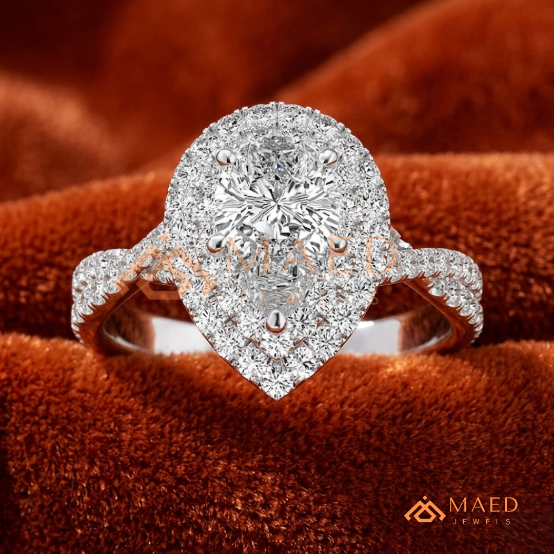 Pear Cut Halo Engagement Ring with Twisted Pavé Band – Sterling Silver, 14K Gold, or 14K Rose Gold