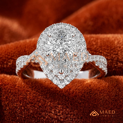 Pear Cut Halo Engagement Ring with Twisted Pavé Band – Sterling Silver, 14K Gold, or 14K Rose Gold