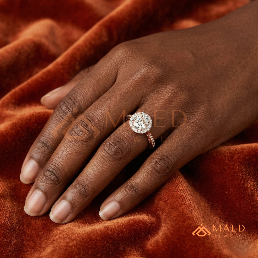 Vintage Milgrain Halo Diamond Simulant Ring in 14K Yellow Gold, Rose Gold & Silver